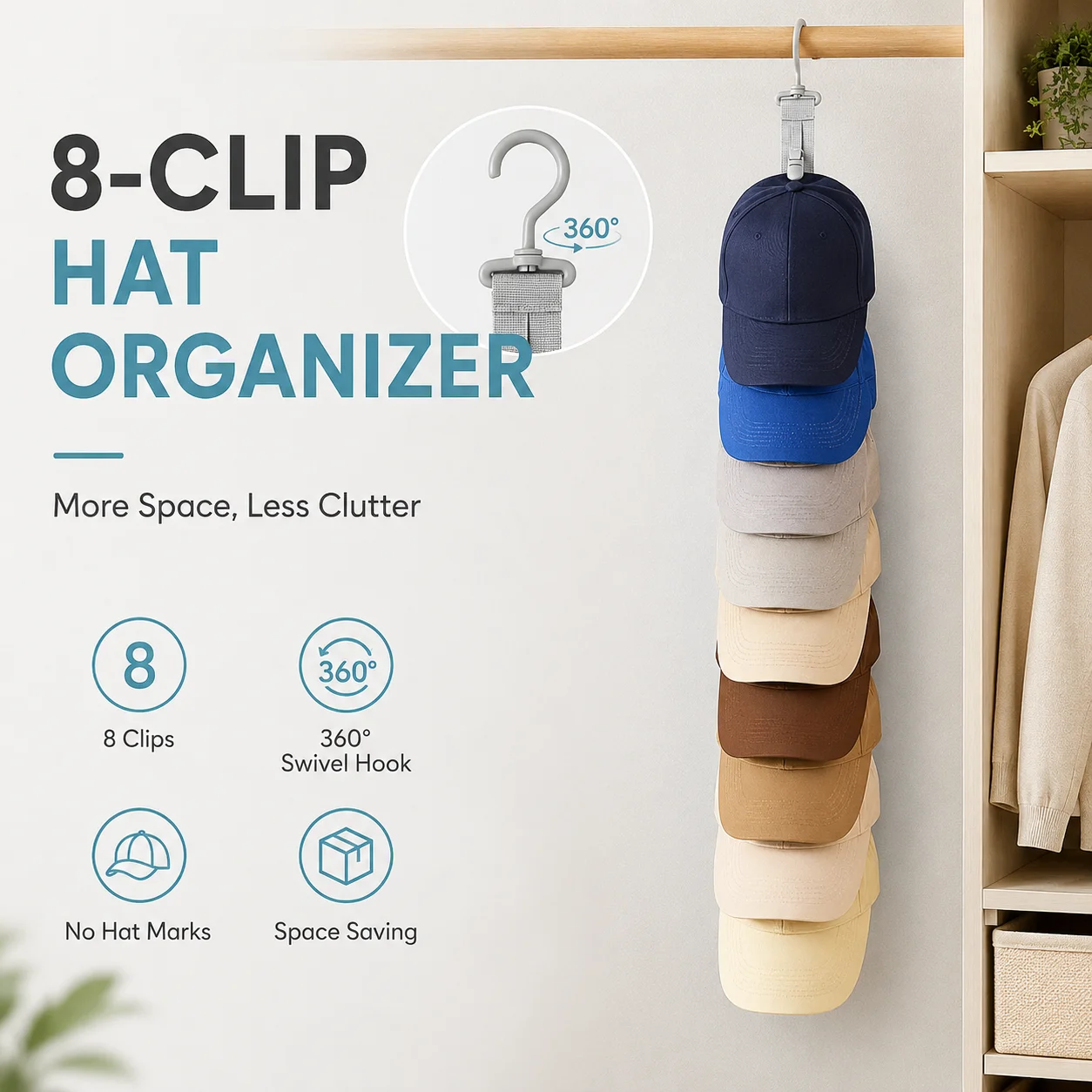 Dorm Hat Storage 1/2/3PCS Hanging Rope with Clips Wall Rack Organizer for Baseball Cap Closet Door Bedroom Scarf Tie Display Cap