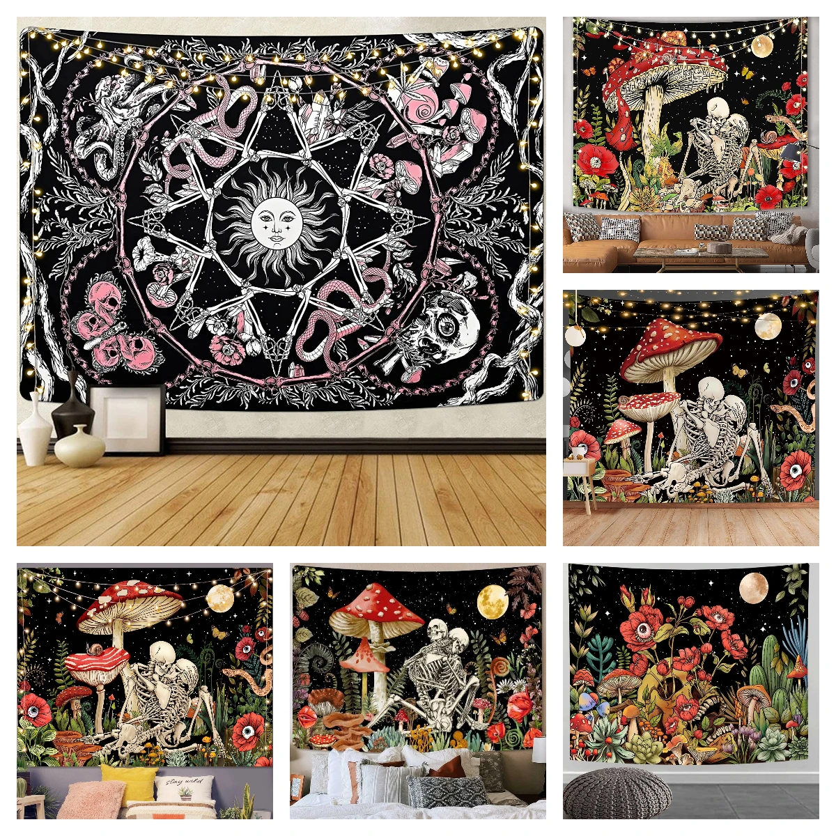 Trippy Mushroom Tapestry Skull Art Aesthetic Home Decoration Hippie Floral Mushroom Tapestries Wall Hanging for Room BohoTapiz