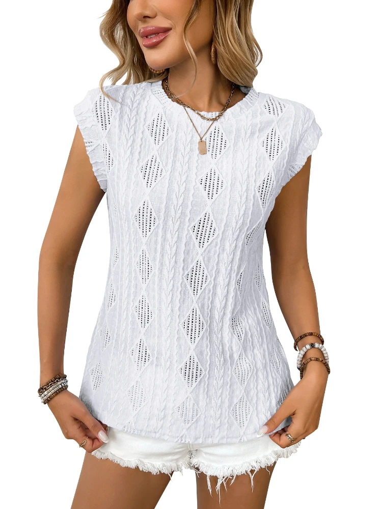 2025 Zomer Nieuwe Europese en Amerikaanse Vrouwen Kleding Effen Ronde Hals Jacquard Korte Mouw Losse T-shirt Vest Vrouwen Tops