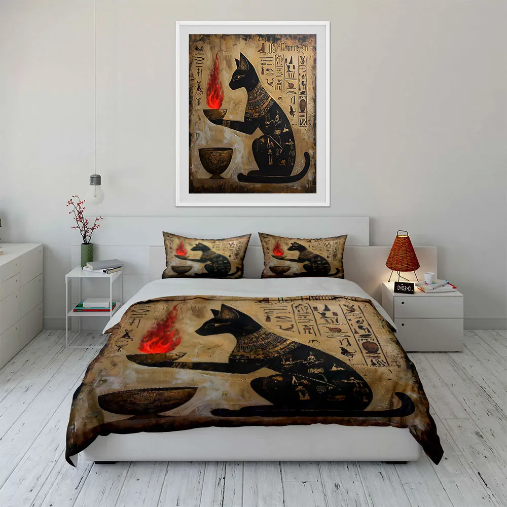 Egyptian-style black cat with flame Pattern Duvet Cover Set Digital Print Colorful Polyester Bedding with Zipper Closur gifts