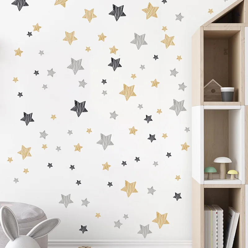 Gold Black Grey Stars Graffiti Line Wall Stickers for Kids Room Baby Nursery Wall Decals Home Decorative Stickers for Bedroom