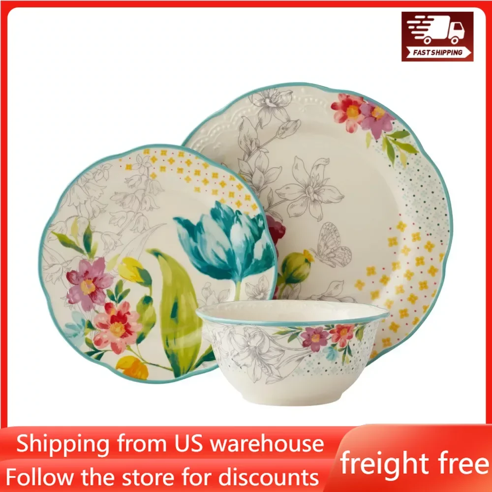 

Dinner Plate Free Shipping Tableware Blooming Bouquet 12-Piece Dinnerware Set Restaurant Plates Dish Ceramic Dishes to Eat Sets