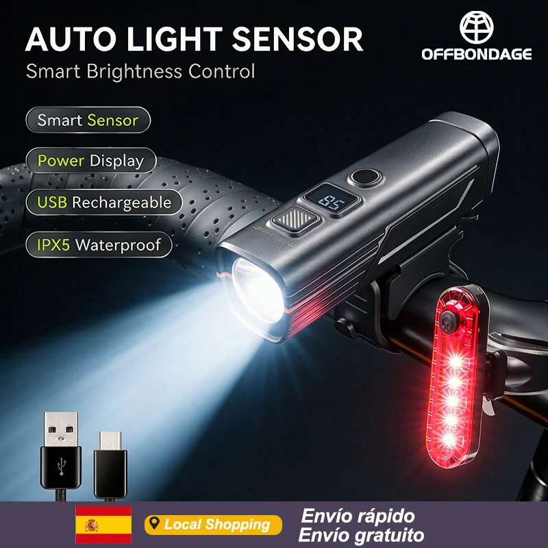 Juego de Luces para Bicicleta OFFBONDAGE, Delantera y Trasera, Sensor Inteligent