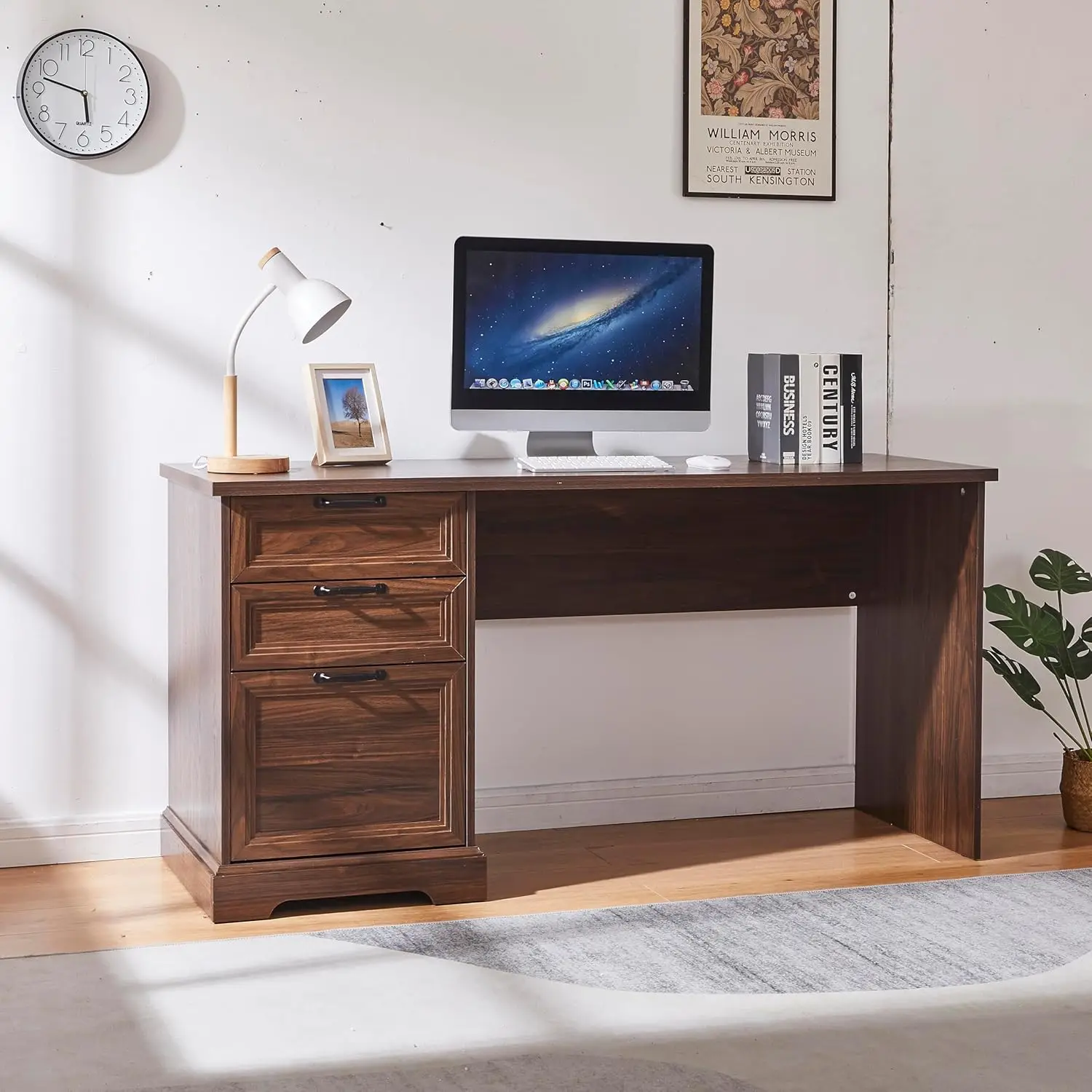 

60" Farmhouse Executive Desk with Charging Station,Home Office Desk with 2 Drawers &1 File Cabinet,Wood Work Desk, Customized