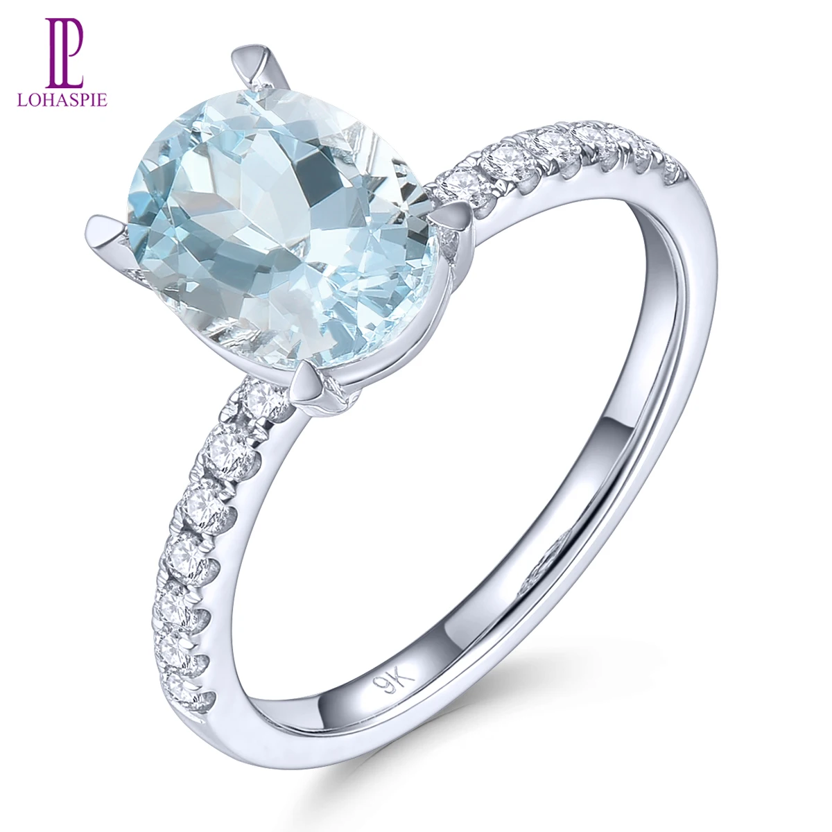 Lohaspie Natural Aquamarine Real 9K White Gold Diamond Women's Ring 1.65 Carats Genuine Gemstone Romantic Style Customzied Ring