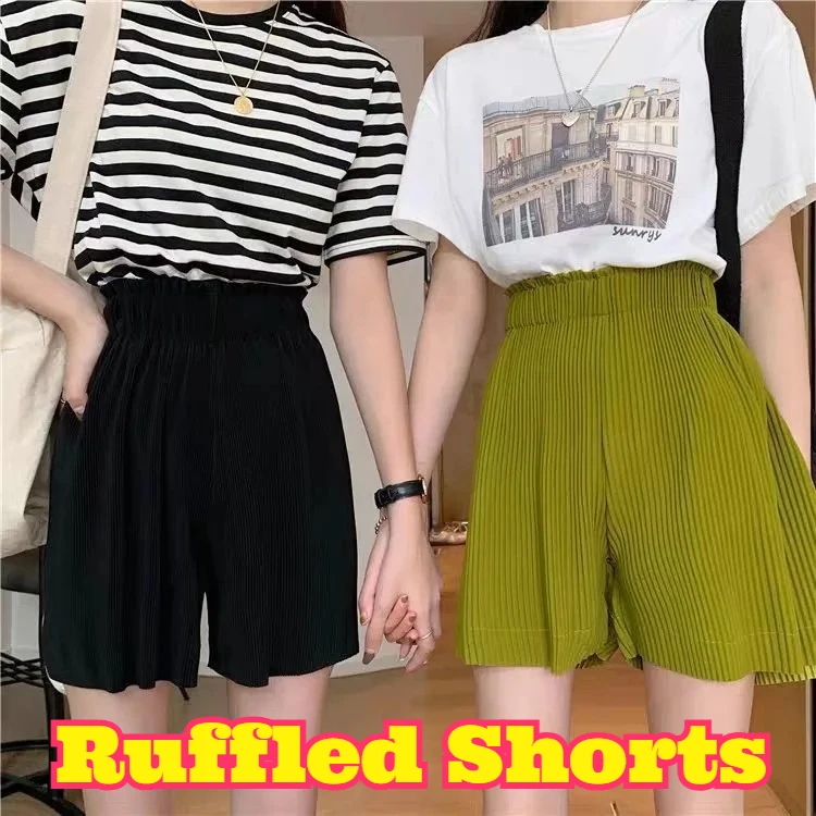 

High Waist Pleated Five Point Shorts Spring Summer Loose Slim Straight Wide Leg Pants Ladies Casual Versatile Daily Streetwear