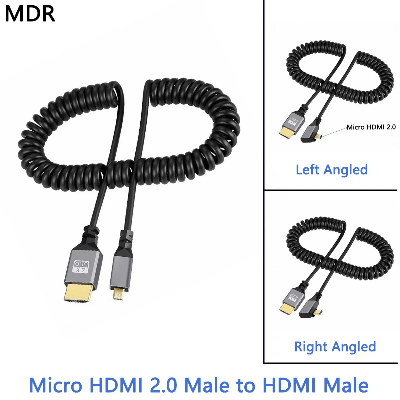 Mdr-micro hdmi 2.0 macho para macho hdmi, 4 k, 60 hz, cabo elástico, 90 graus para hdtv, laptop, monitor