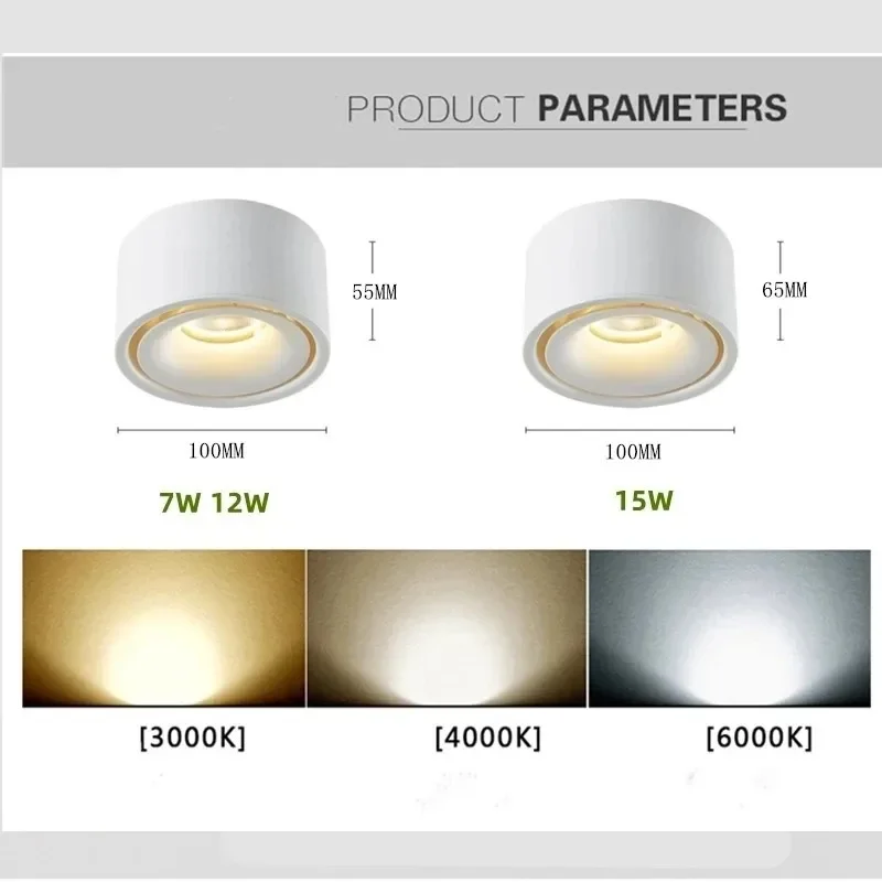 Imagem -04 - Superfície Redonda Montada Led Downlights Lâmpadas de Teto Spot Light Downlight Driverless 7w 12w 15w 110v 220v