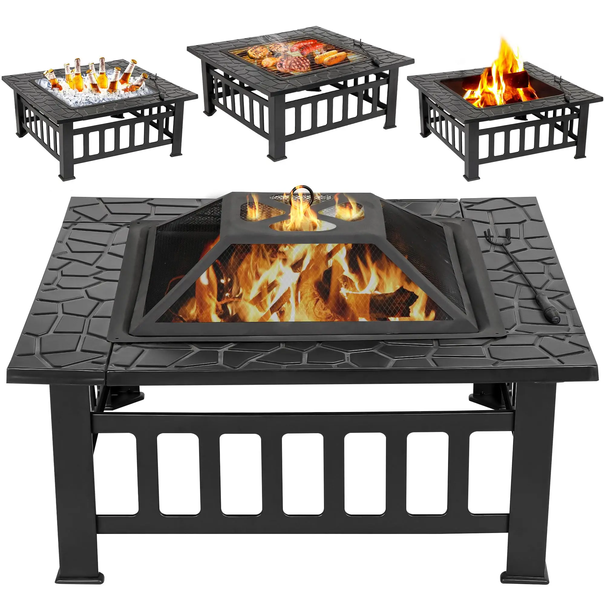32 Inch Outdoor Fire Pit with Spark Screen Lid and Waterproof Cover, Square Metal Firepit Backyard Patio BBQ Garden