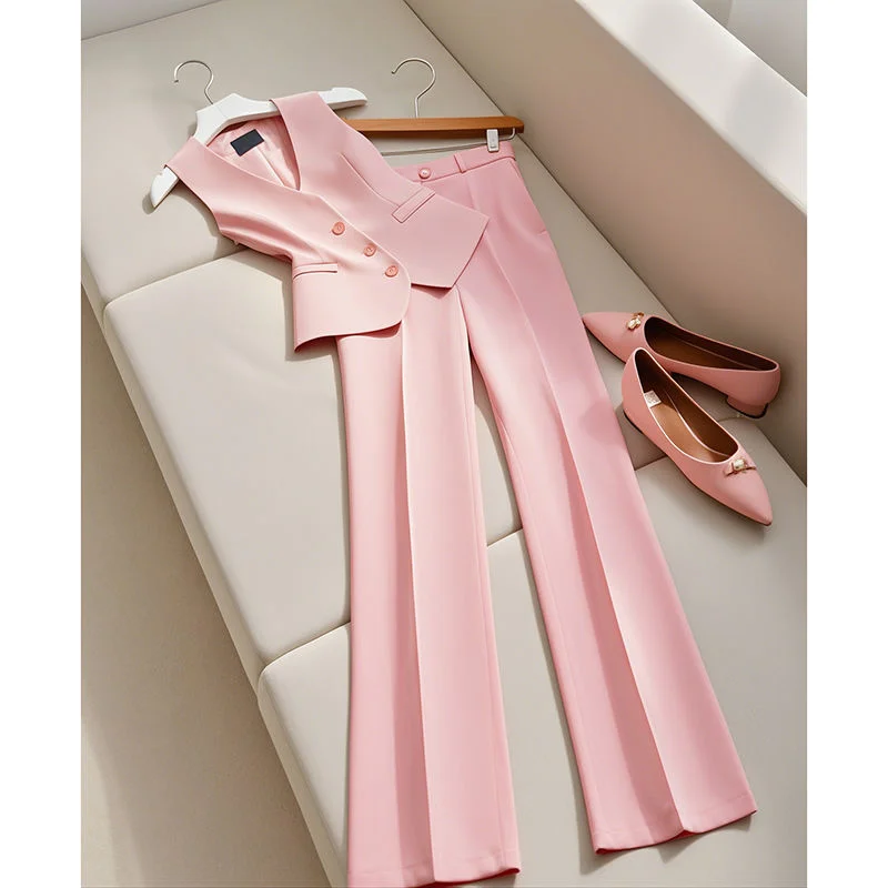 Fashion Office Lady Suit Women\'s V-Neck Single Breasted Blazer Vest + High Waist Wide Leg Pants 2-Piece Set Formal Outfits 268P