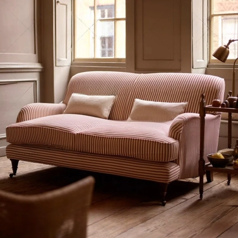 Simple small apartment sofa double seat retro striped cotton and linen home