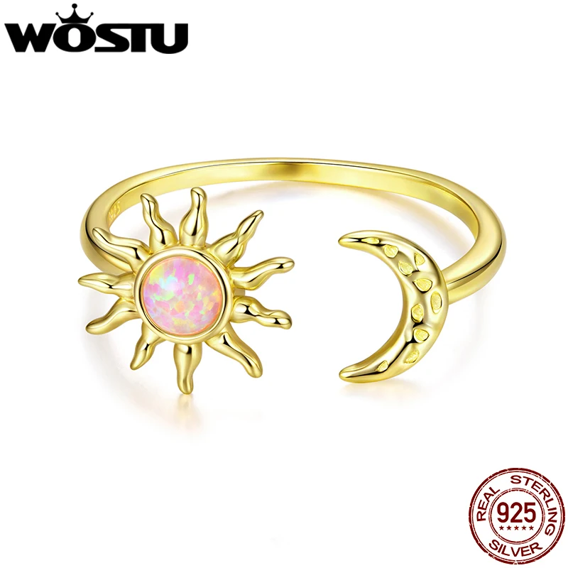 

WOSTU 925 Sterling Silver 18K Gold Plate Pink Opal Sun Moon Open Ring For Women Amazing Party Stacking Rings Wedding Bands Gift