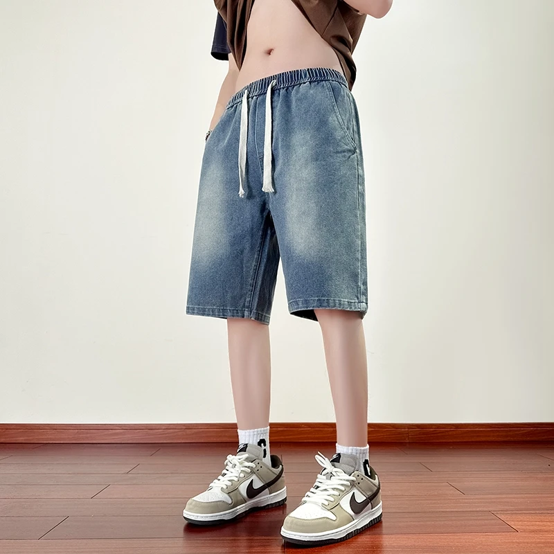

Casual 2024 Summer Men's Elastic Waist Denim Shorts Streetwear Drawsting Knee-Length Pant Youth Loose Cotton Jeans Blue Trousers