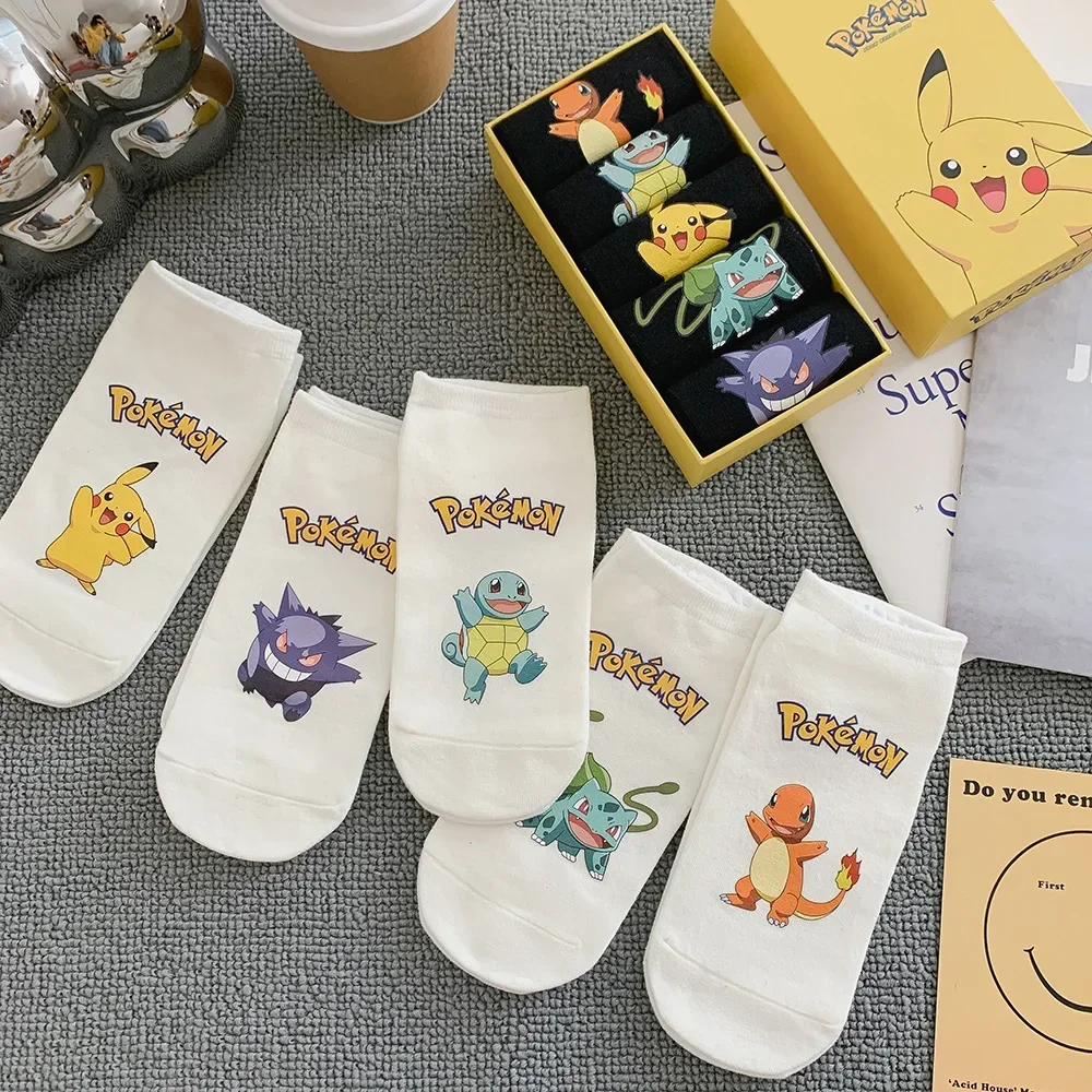 5 paires de chaussettes Pokémon pour enfants, boîte cadeau, accessoires Anime Pikachu Harajuku, nouveau essentiel