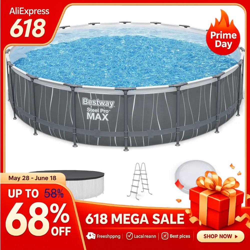 Steel Pro MAX 18 x 48 Above Ground Pool, Round Metal Frame Outdoor Swimming Pool Set with LED Light, Filter Pump, Ladder, amp