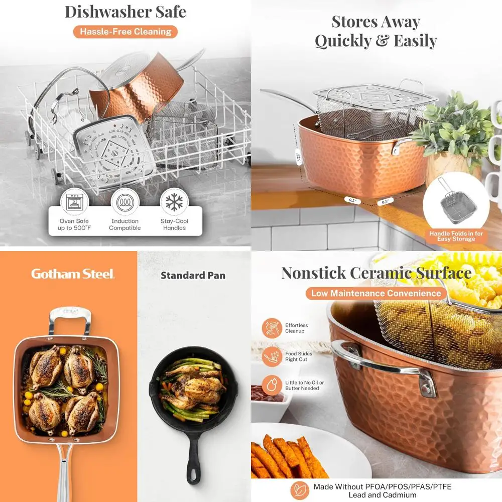 

9.5 Square Ceramic Nonstick Deep Frying Pan Set with Lid, Basket, and Steamer, Dishwasher Safe 4-Piece Kitchenware