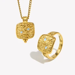E.B.belle Retro Style Square Shape Star Moon Ring Necklace 18K Gold Plated Stainless Steel Party Women Jewelry Set