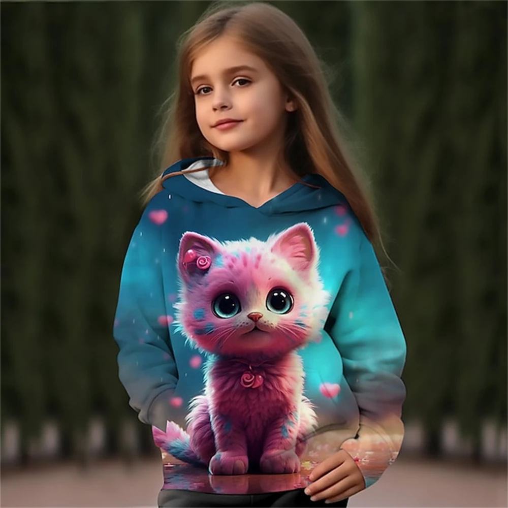 Kids Clothes Girl Spring Fall Hoodies Cartoon 3D Cat Print Streetwear Children's Sweatshirts Outerwear Pullovers Girl Clothing