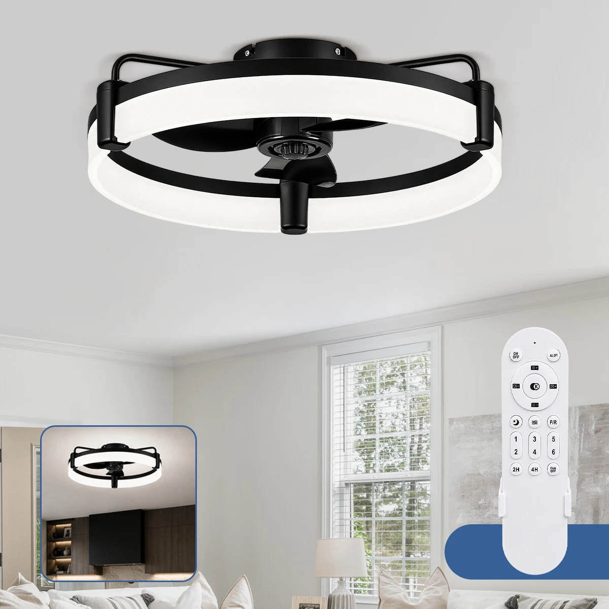 Moderner Deckenventilator mit LED-Ringbeleuchtung, 3 Farben dimmbar, 6 Geschwindigkeiten, reversibler DC-Motor, ultra-leiser, flacher Ventilator für Wohnzimmer und Schlafzimmer