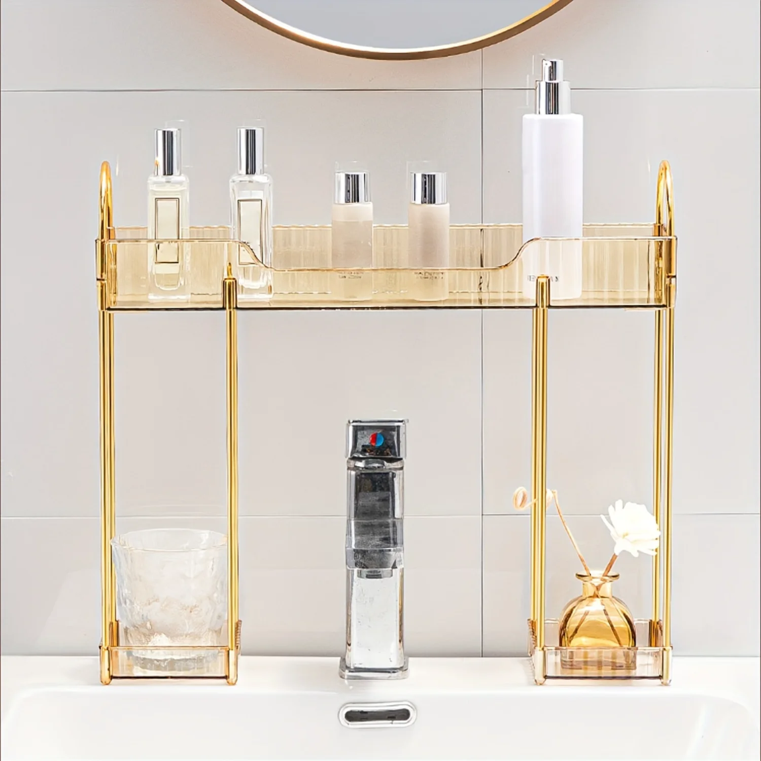 Bathroom Countertop Organizer Shelf with Mirror Front Shelves and 2 Layers Cosmetic Rack