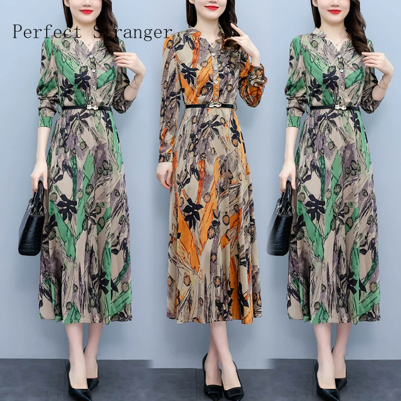 2022 Autumn New Arrival Vintage Dress V Collar Printed Long Sleeve  Vestidos De Mujer Women Long Dress Robe Dress for Women