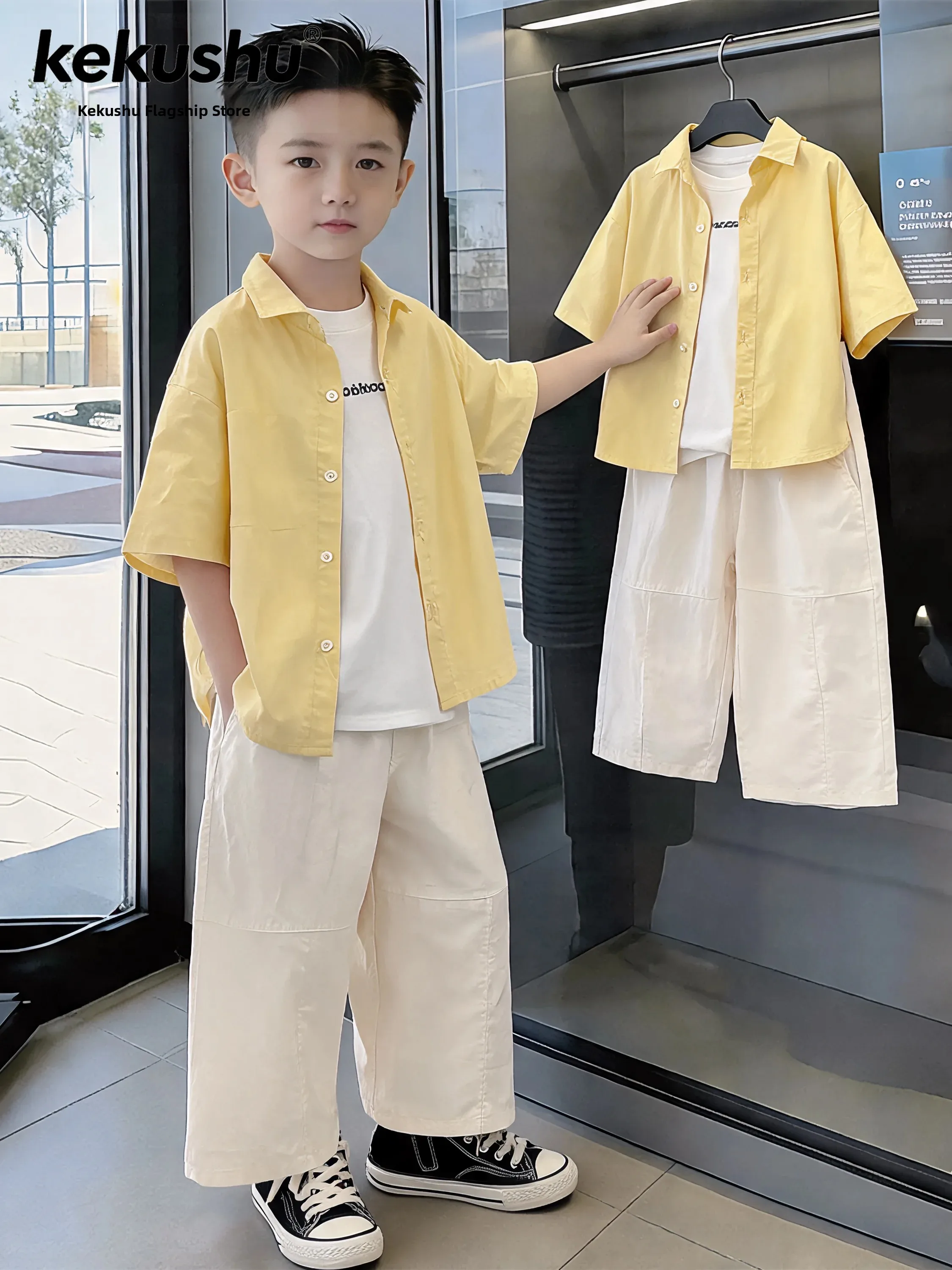 男の子夏シャツ半袖薄手おしゃれセットカジュアル軽量韓国風子供服2026新作