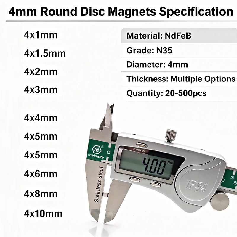 20-500Pcs Multiple Sizes 4mm Disc Magnets, Round N35 Neodymium NdFeB Permanent Magnets, 4x1,4x1.5,4x2,4x3,4x4,4x5,4x6,4x8,4x10mm