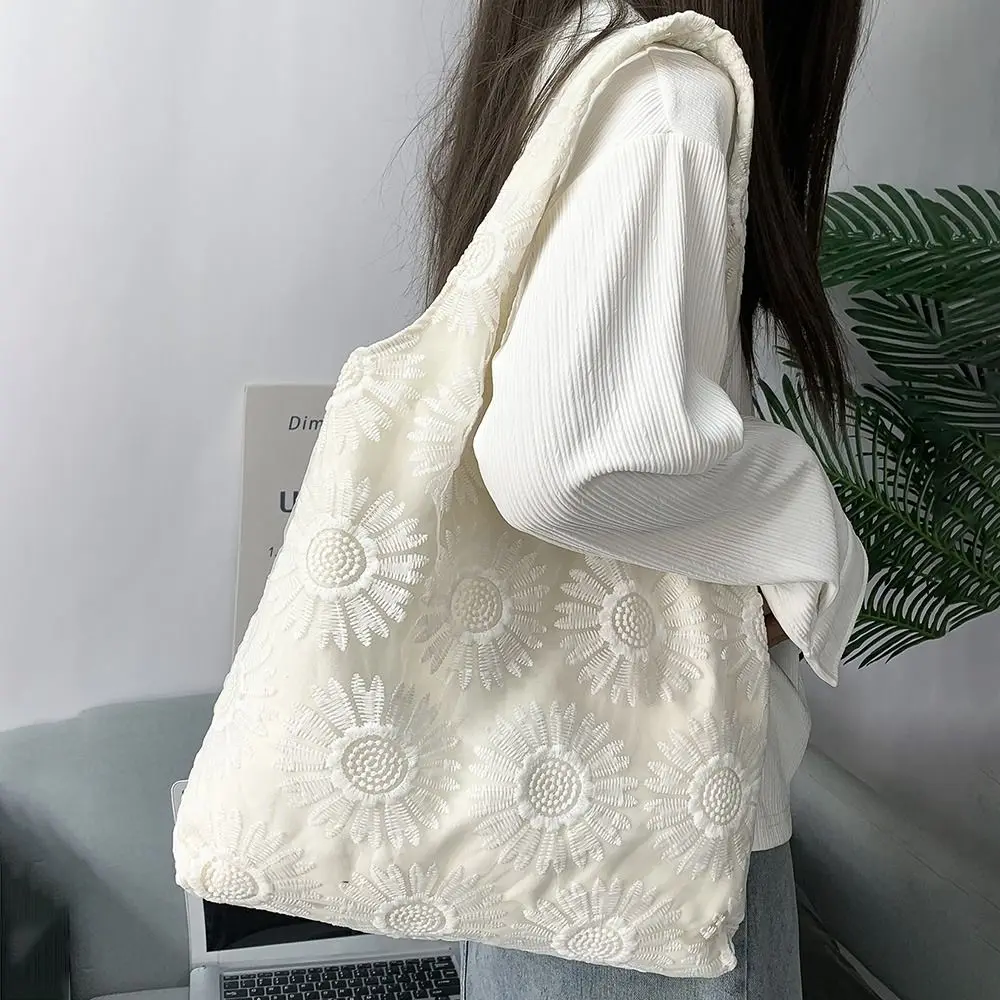 

Сумка для хранения, женская сумка на плечо с вышивкой подсолнечника, мягкие повседневные сумки-тоут INS, модные сумки для покупок большой вместимости, повседневное использование