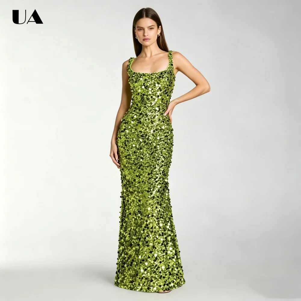 

ULBYANRY Customized Solid Mermaid Square Neck Prom Dresses for Women, Sparkly Sequins Evening Dress, Sexy Sleeveless Party Dress