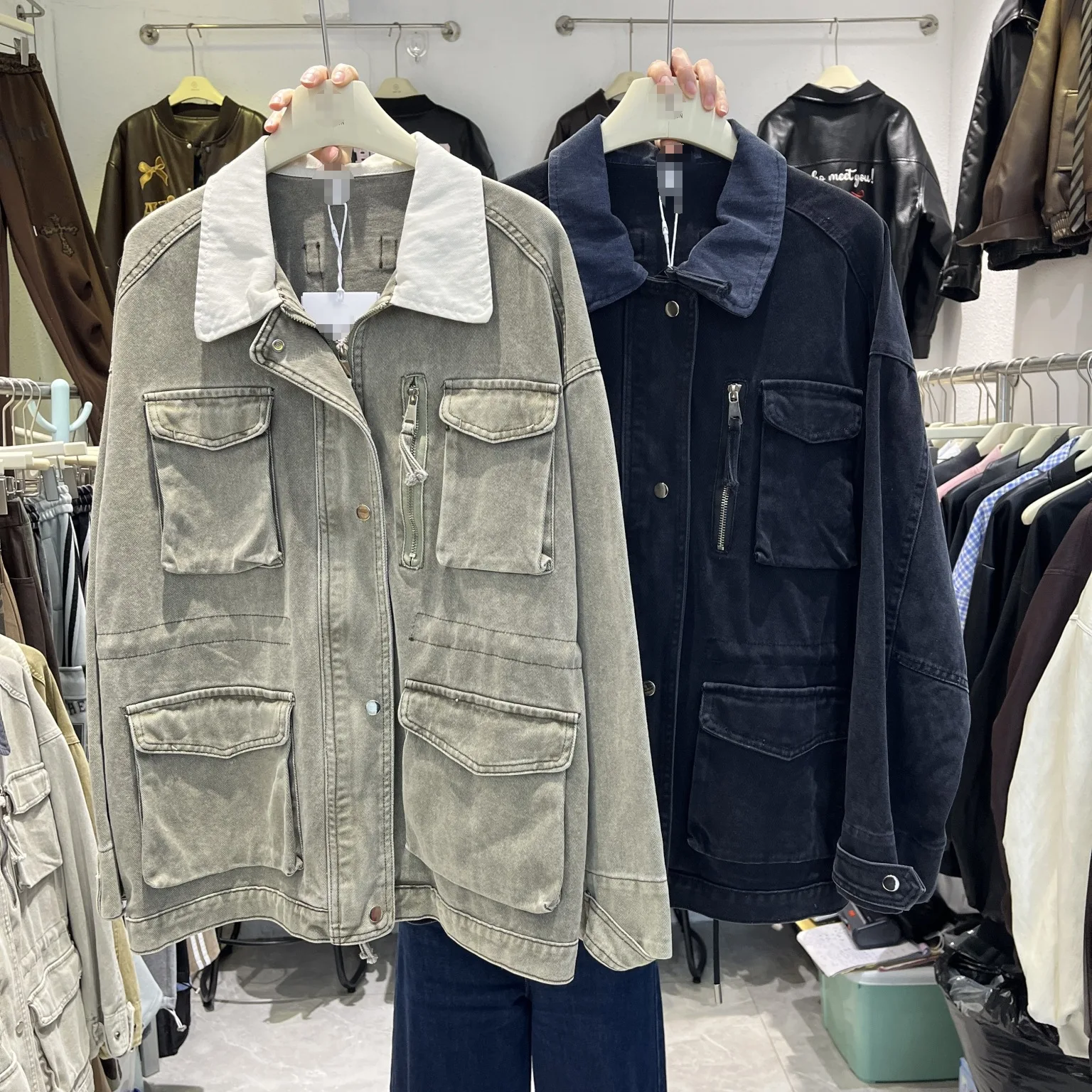 

SuperAen Autumn Fashion Loose Retro Solid Color Polo Collar Pocket Casual Oversize Coats Zippers High Street Jackets