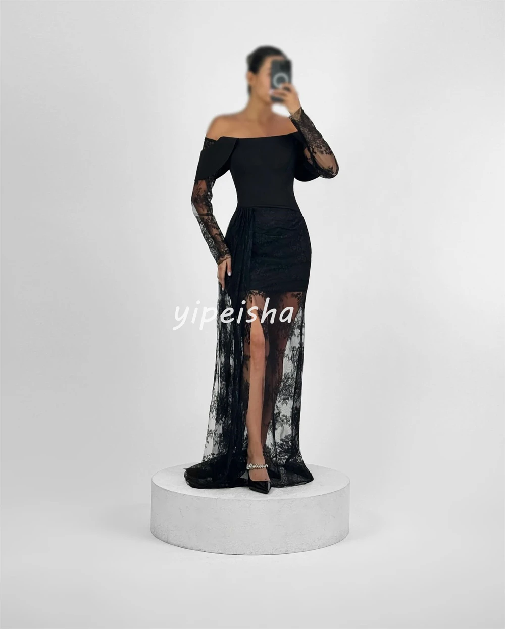 Abiti lunghi personalizzati eleganti classici in jersey di pizzo increspato A-line con spalle scoperte Abiti per occasioni su misura Taglie disponibili Sexy