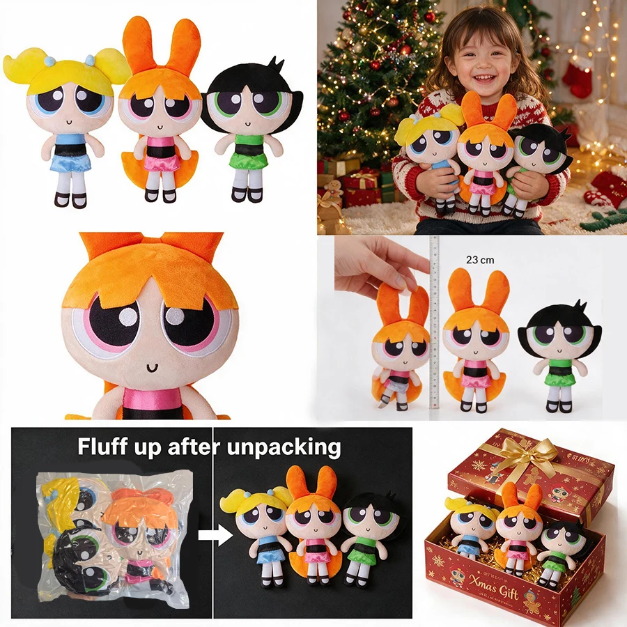 3pcs/lot Powerpuff Girls Blossom Plush Dolls Cute Kawaii Cartoon Stuffed Toys Fluffy 23cm