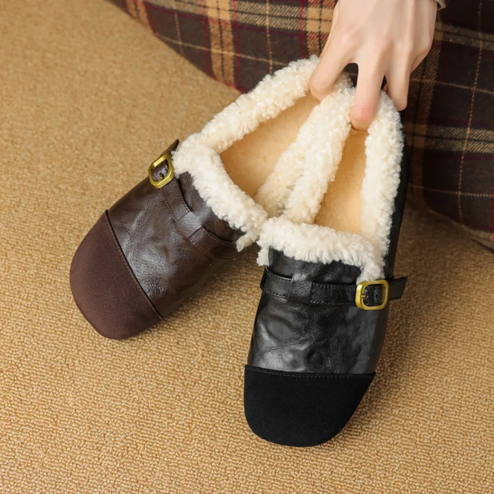 Winter Flat Shoes Women 2026 New Fur Lining Warm Women Snow Shoes Genuine Leather Comfortable Female Winter Loafers Shoes