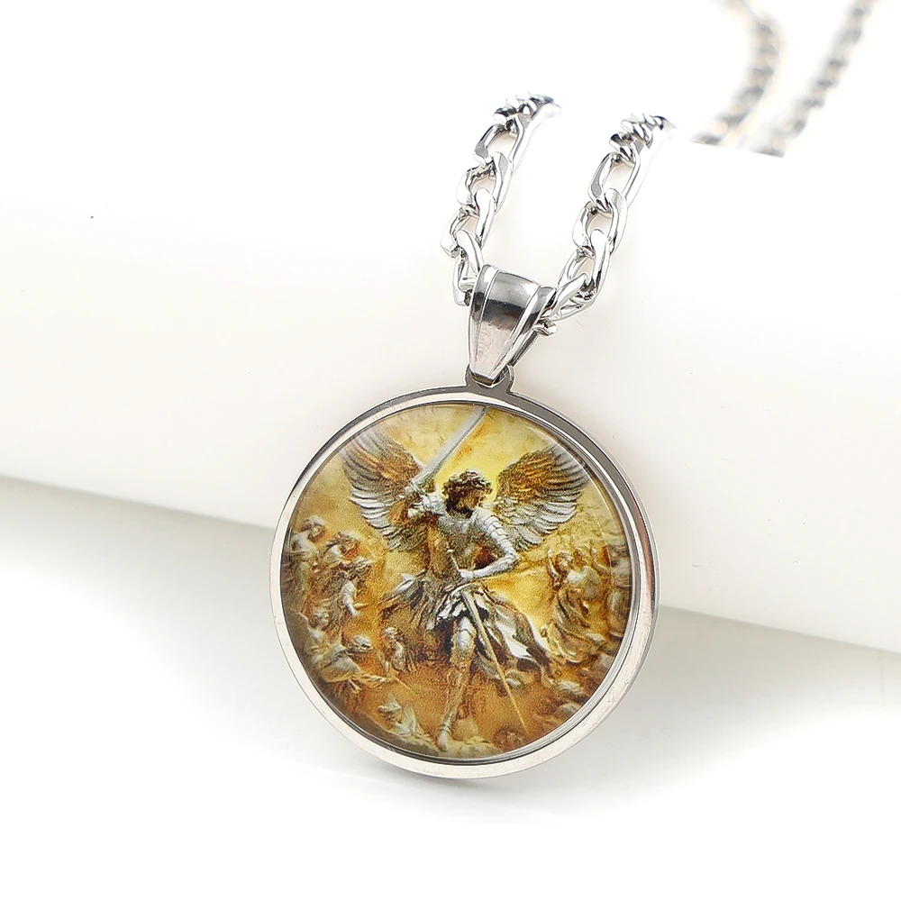 Archangel SAINT MICHAEL PROTECT US Glass Cabochon Medal Pendant Necklace Stainless Steel Gold Plated Christian Amulet Jewelry view 2