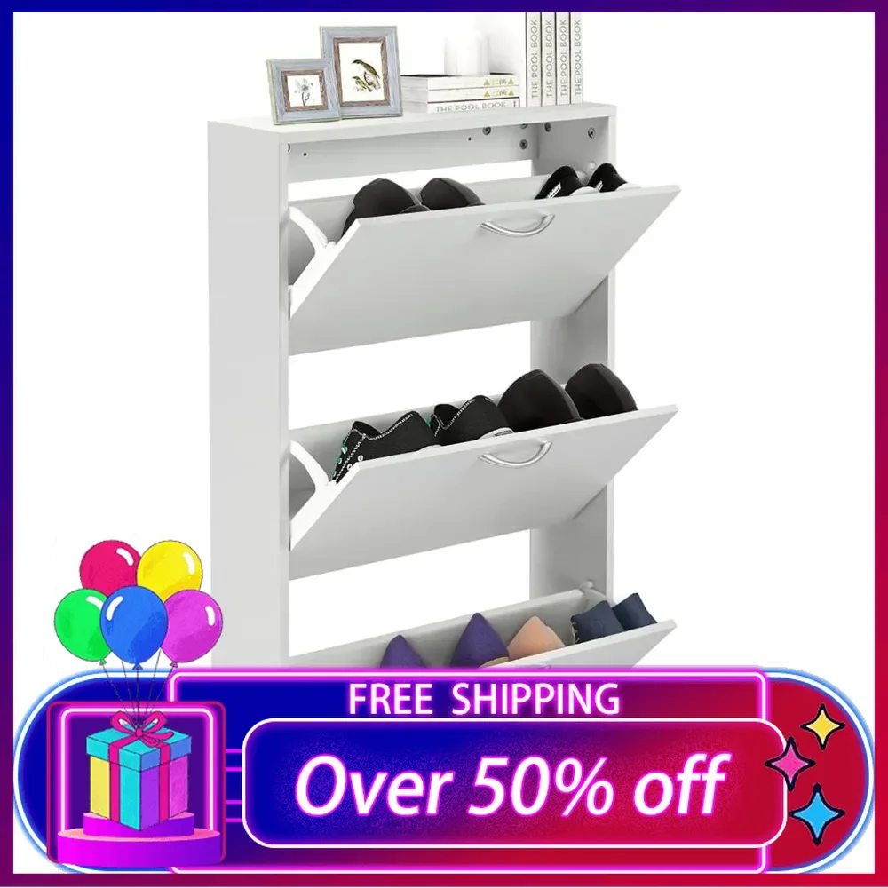 

Shoe Cabinet Storage for Entryway, Narrow Shoe Cabinet Flip Down Shoes Rack Wood 3 Tier White Shoe Organizer Small Shoes Cabinet