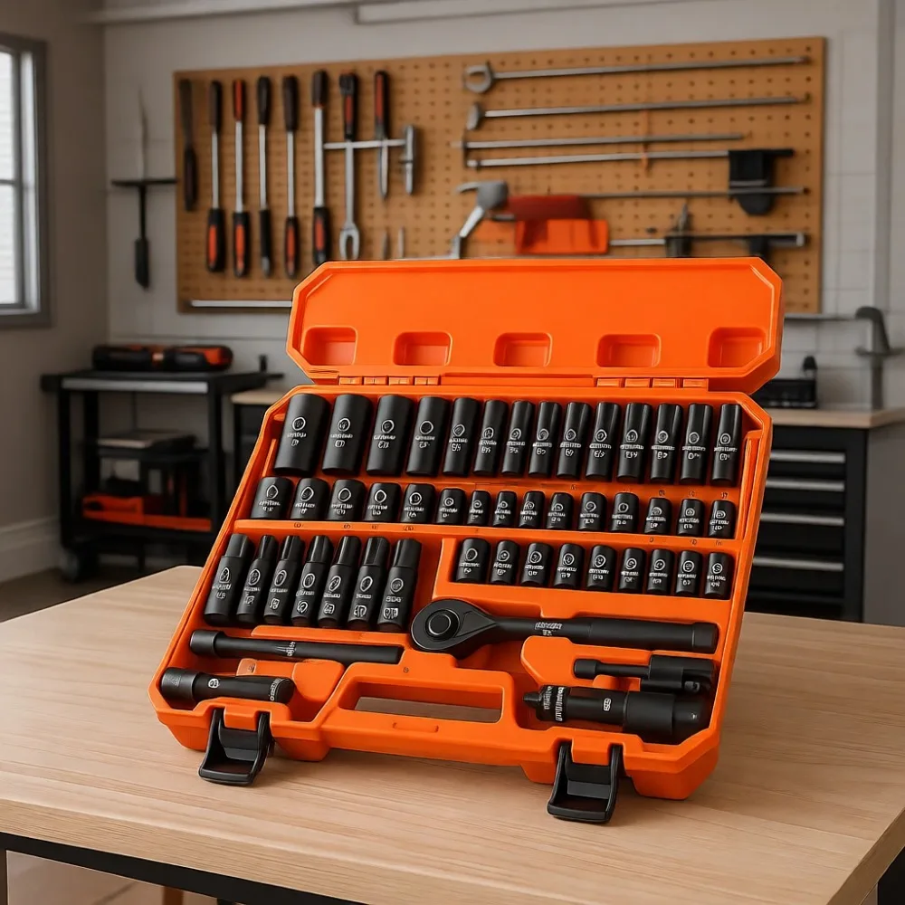 

50 Piece 3/8 Drive Impact Socket Set SAE Metric 6 Point Cr-V Ratchet Extension Universal Joint