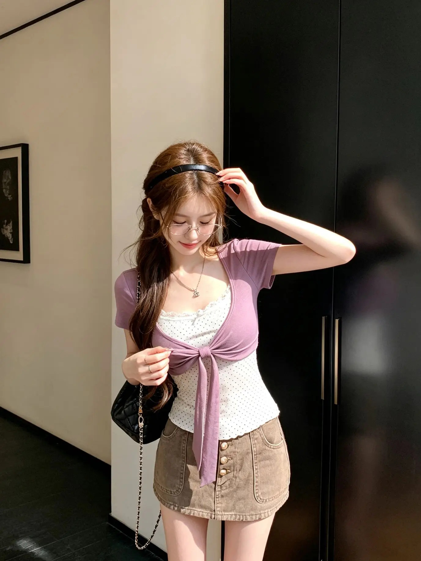 Autumn New Style Color Block U-Neck  Knot Short Sleeve T-Shirt Women's Fake Two-Piece Design Versatile Commute Top