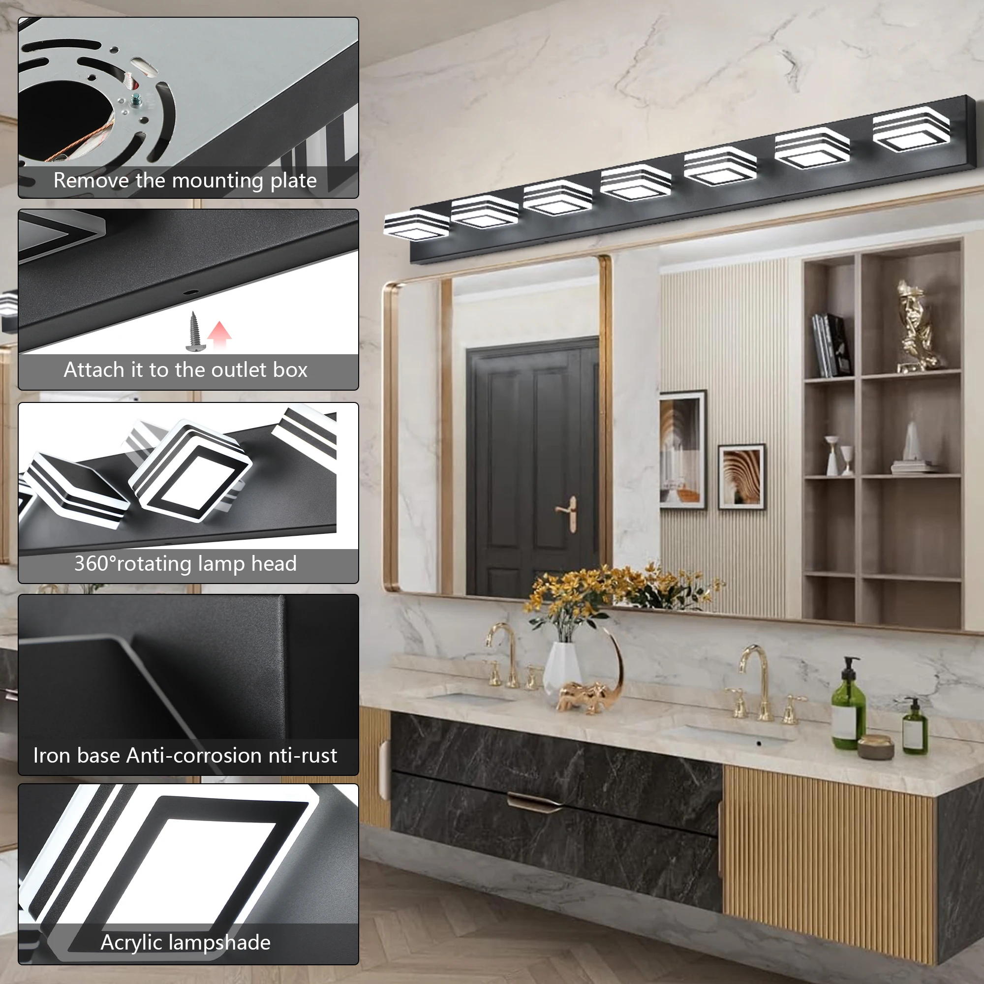 LED Vanity Lights Modern Black 7-Lights Acrylic Matte Black Bathroom Vanity Lights Over Mirror, Wall Mounted Lighting Fixture