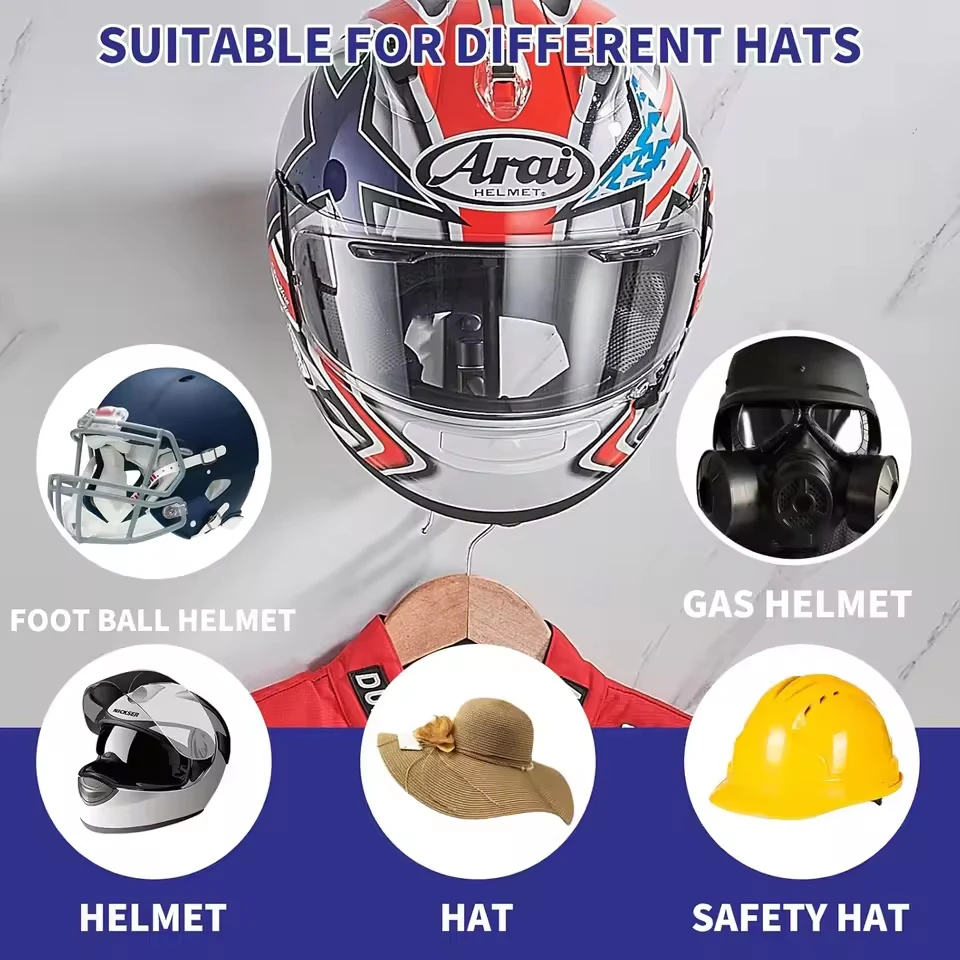 Motorcycle Helmet Rack Wall Mount Helmet Holder 180° Rotation Helmet Hanger With Hooks For Coats Caps Bike Baseball Rugby Helmet
