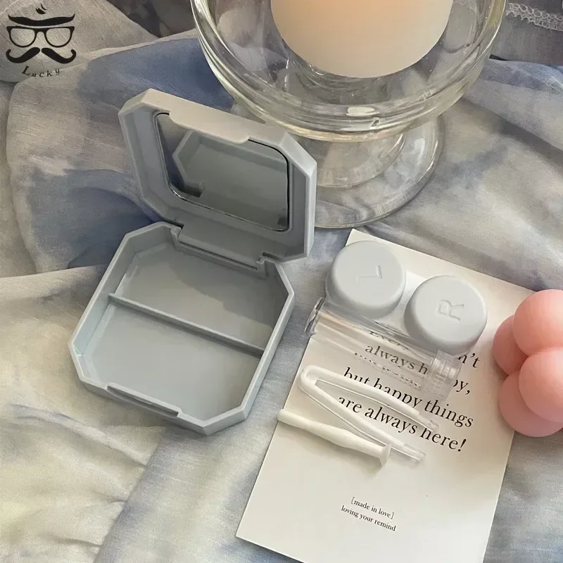 Candy Color Contact Lenses Box Solid Color Portable  Contact Lens Case with Tweezer Suction Stick Set for Travel Kit Holder