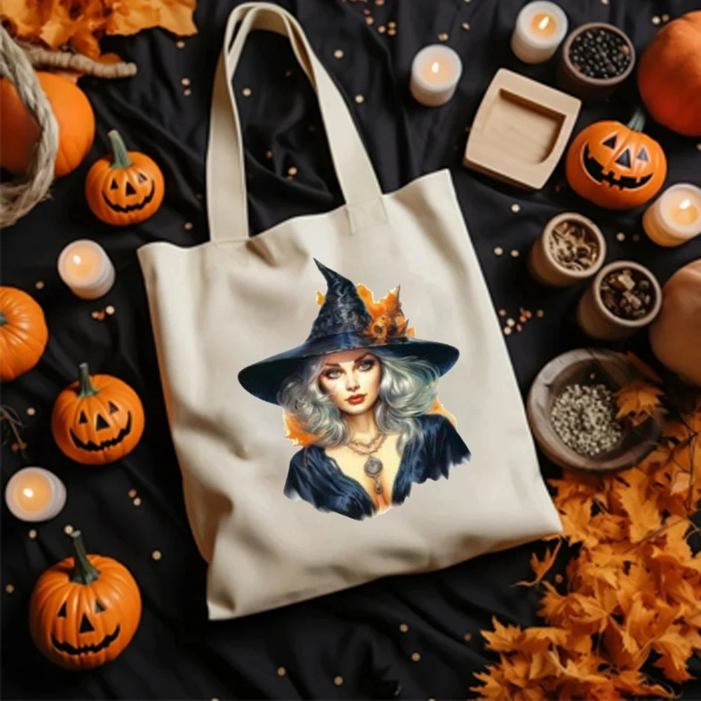 Geestock Halloween Tote Bag Vintage Ghost Kids Trick Or Treat Bag Spooky Ghost Cute Candy Sack Canvas Witch Lovers Gift Bag