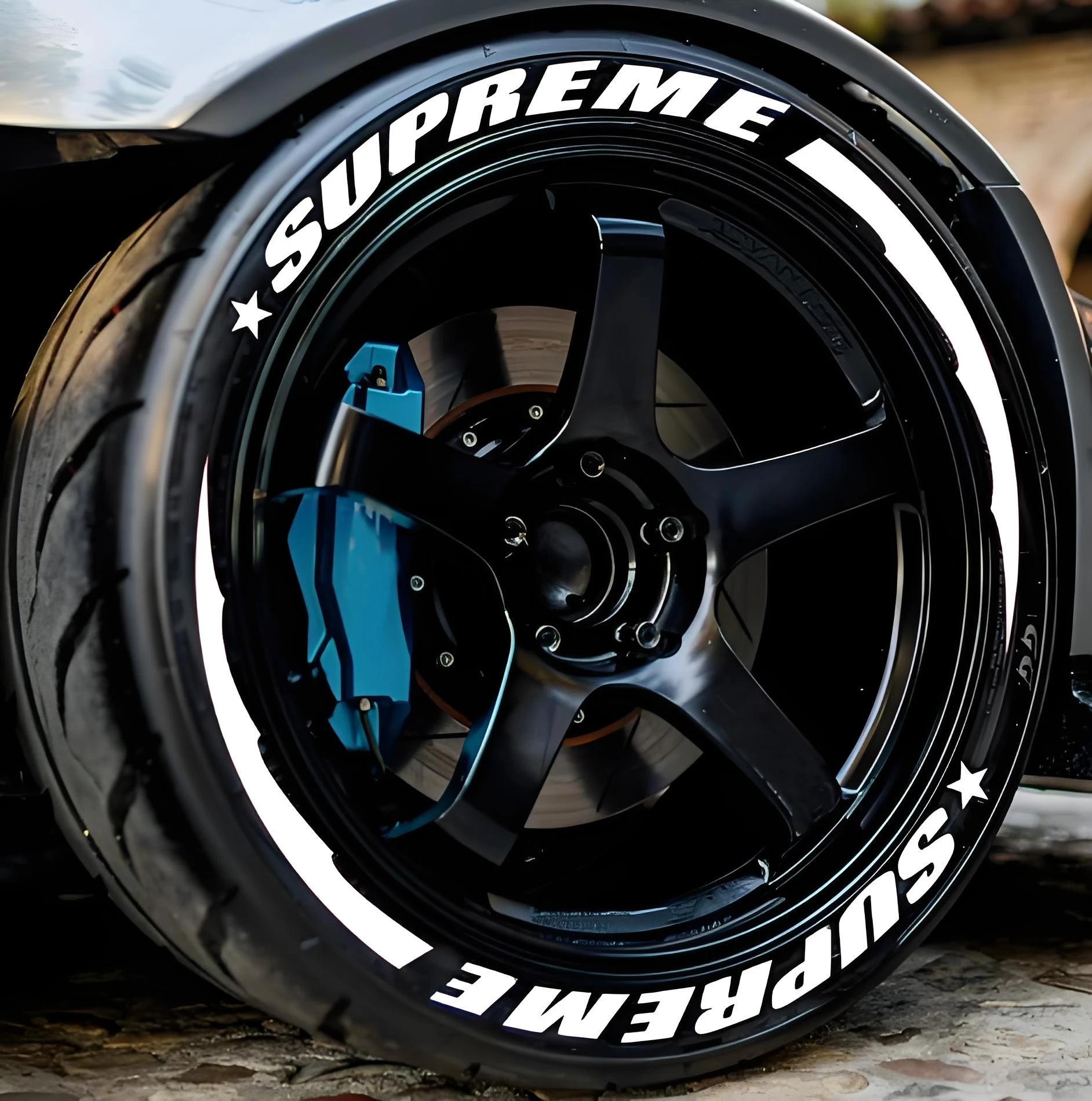 8pcs/lot SUPREME Car Tire Decals 3D PVC Joined Stickers Tire Decor Stickers Car Tuning Tire Decoration Decals Tyre Label Sticker