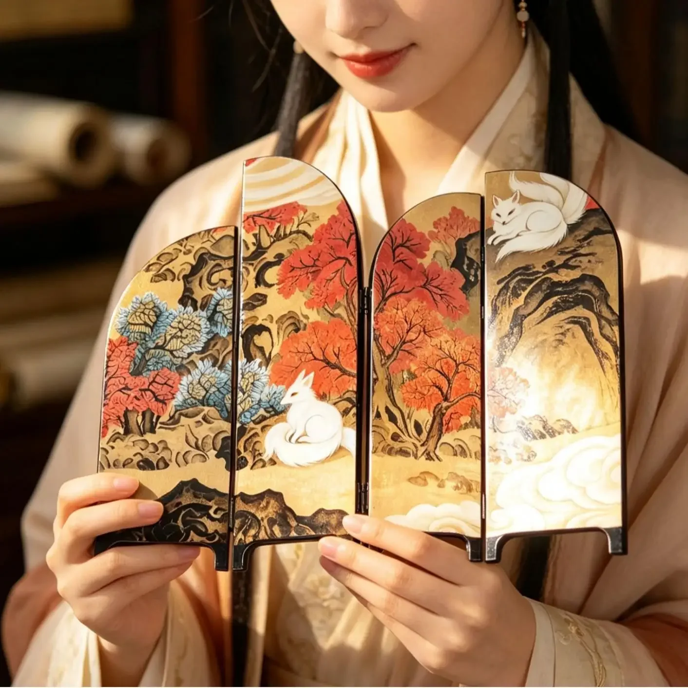 33x26cm Foldable Screen Desktop Double-sided Decor Painting Retro Maple Forest Landscape Painting Classical Lacquer Art Gift