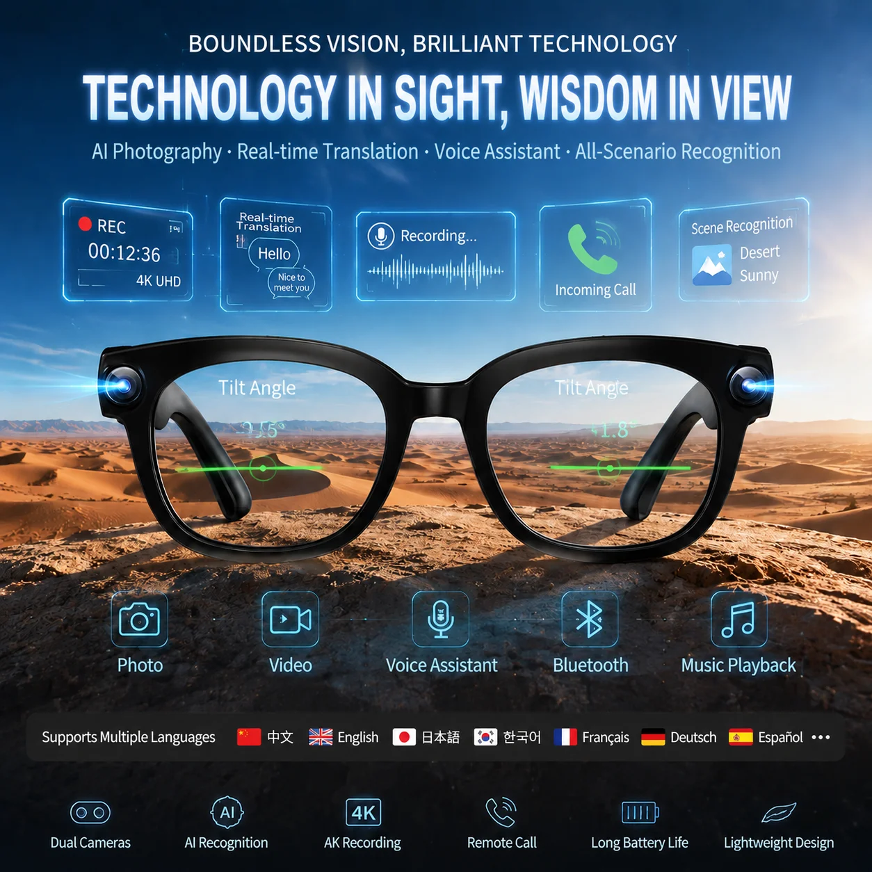 800W Pixel Camera Smart AI Glasses HD Video Record Translation Photochromic Lenses Bluetooth Call Music Multifunction Glasses