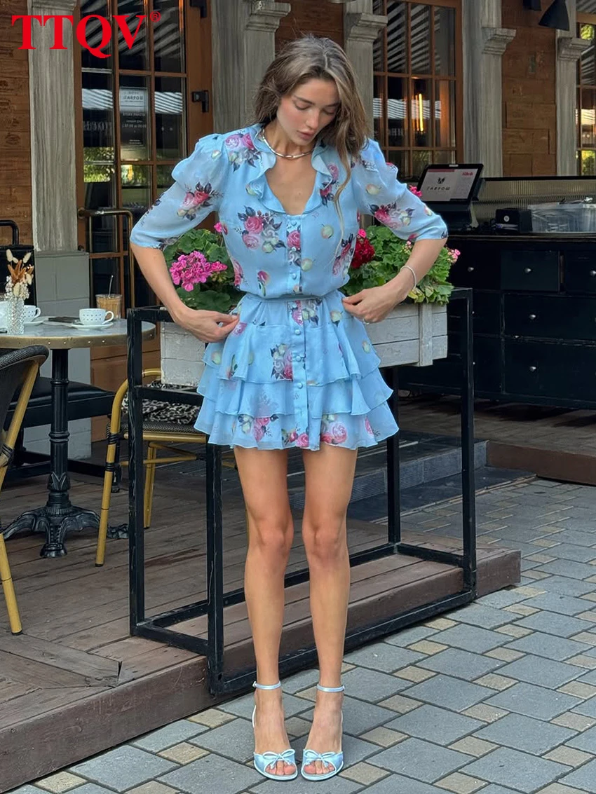 TTQV Fashion Loose Print Women's Dress 2026 Summer V-Neck Short Sleeve Mini Dresses Lady Elegant Classic Pleated Dress Female - Image 4