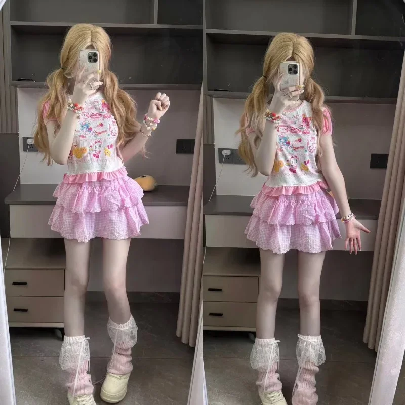 Japanese Cartoon Printed Daughter Clothing Suit Short Sleeve T-shirt+ Pink Plaid Embroidered Cake Skirt Sweet 2 Piece Sets Women