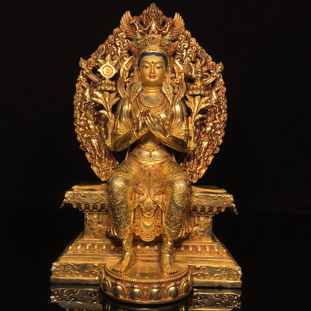 Large Pure Copper Gold Gilt Nepalese Tibetan Maitreya Future Buddha Statue Fine Craft Home Altar