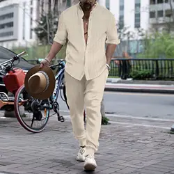 Traje de calle de dos piezas para hombre, camisa de manga larga con solapa a rayas, pantalones con bolsillo, informal, elegante, otoño