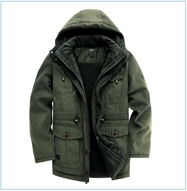 Men Oversized Hooded Lamb Fleece Parkas Men Thick Multi Pocket Mid Length Outerwear Winter Thick Parkas Males Thermal Parkas