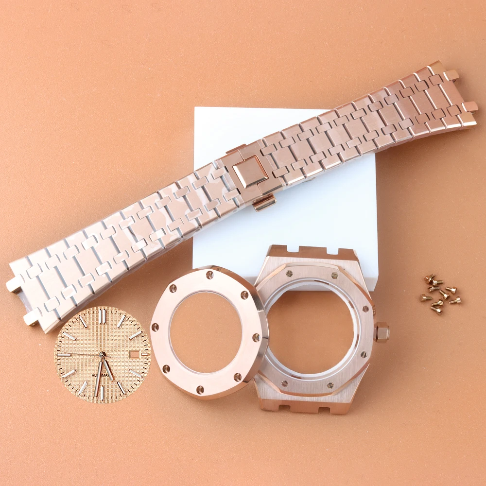 

41mm Rose Gold Watch Case 31.8mm Dial Hands Stainless Steel Bracelet Fit NH35 NH36 Movement 10ATM Waterproof royal oak Case
